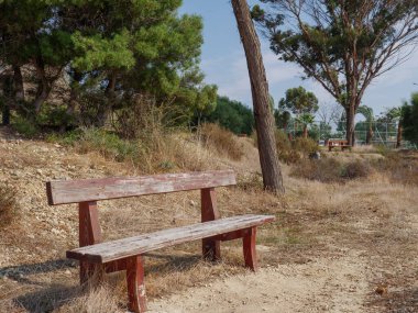 Kıbrıs 'ın Larnaca kentinde sonbaharda bir tuz gölünün kıyısında boş bir ahşap bank. Sıcak ve güneşli bir günde turistsiz sakin bir yer..