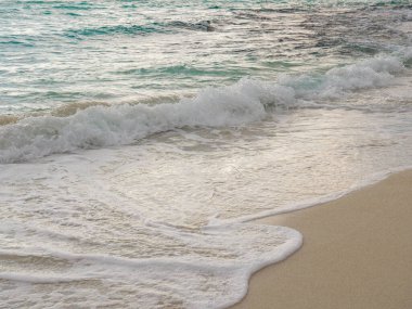 Kıbrıs Rum Kesimi 'nin Ayia Napa kentindeki Nissi plajının beyaz, yumuşak köpüklü, güzel Akdeniz dalgaları..