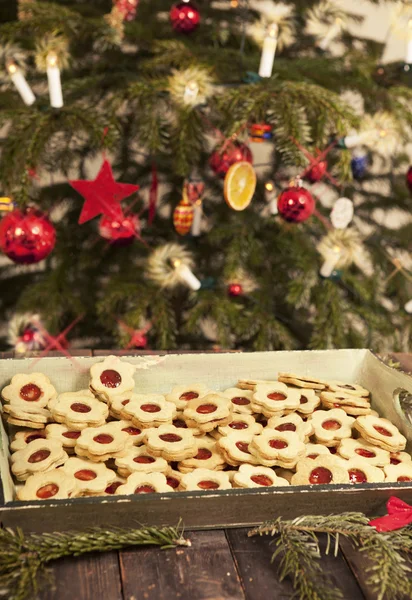 Kerstkoekjes onder de kerstboom — Stockfoto
