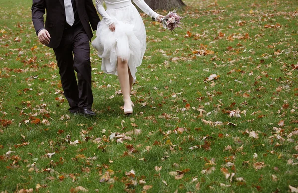 Bride and groom running on grass — Stock Photo, Image