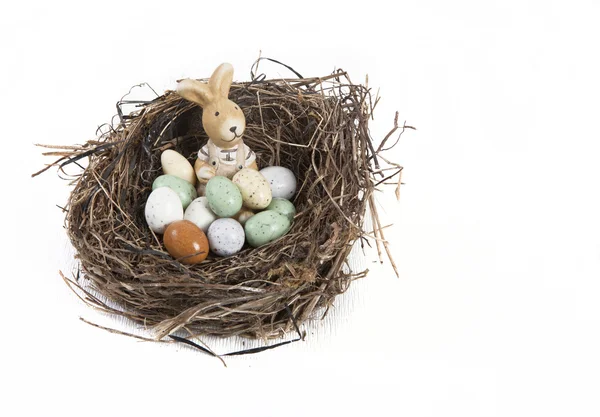 Húsvéti fészek, a tojás és a nyuszi — Stock Fotó