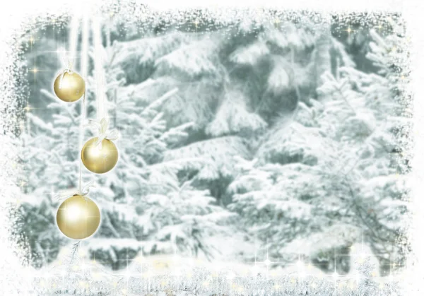 Christmas baubles snow forest — Stock Photo, Image