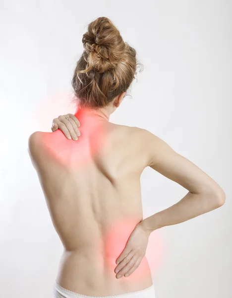Rückenschmerzen Frau rot — Stockfoto
