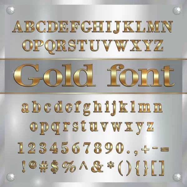 Vector gold coated alphabet letters, digits and punctuation on silver background — Stock Vector