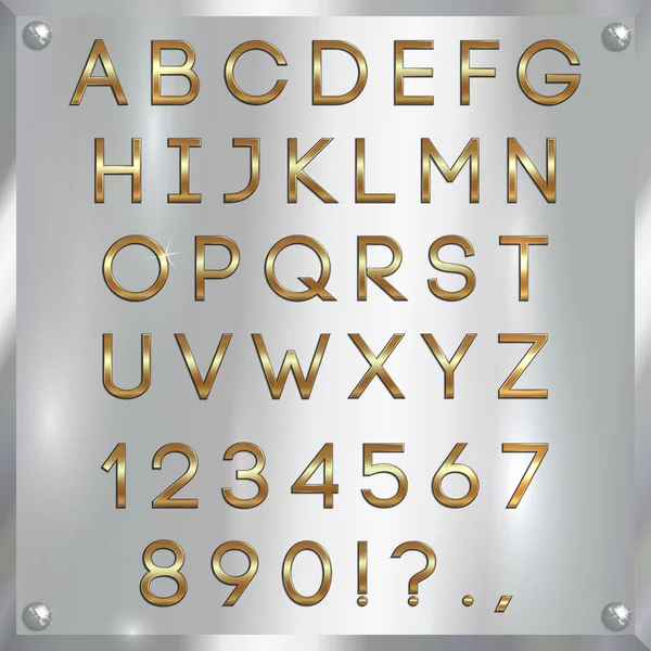 Vector gold coated alphabet letters, digits and punctuation on silver background — Stock Vector