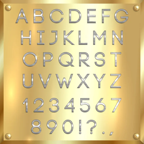 Powlekany srebra wektor liter alfabetu, cyfr i znaków interpunkcyjnych na złotym tle — Wektor stockowy