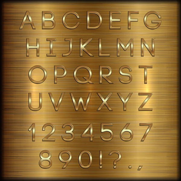 Vector golden coated alphabet letters, digits and punctuation on copper brushed background — Stock Vector