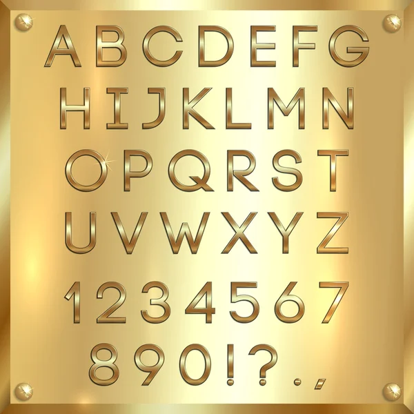 Vector golden coated alphabet letters, digits and punctuation on gold background — Stock Vector