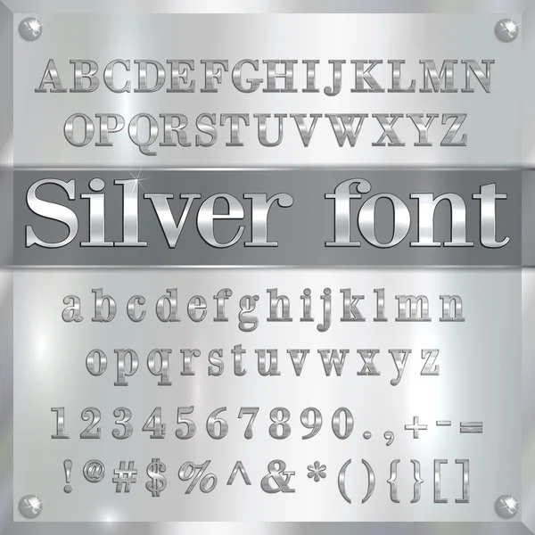 Vector silver coated alphabet letters, digits and punctuation on chrome background — Stock Vector