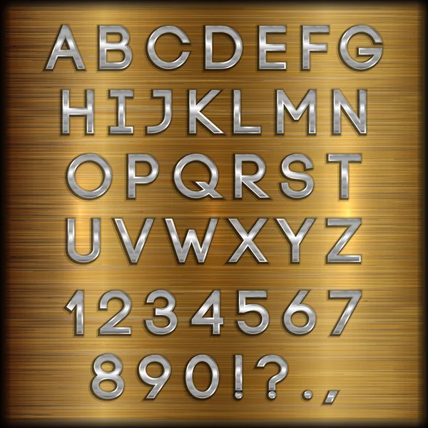 Векторні срібні літери алфавіту, цифри та пунктуація на мідному тлі Ліцензійні Стокові Вектори