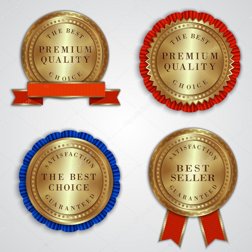 Vector set of round golden badge labels with ribbons and text