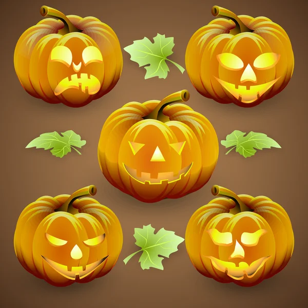 Conjunto vectorial de calabazas y hojas de halloween naranja — Vector de stock