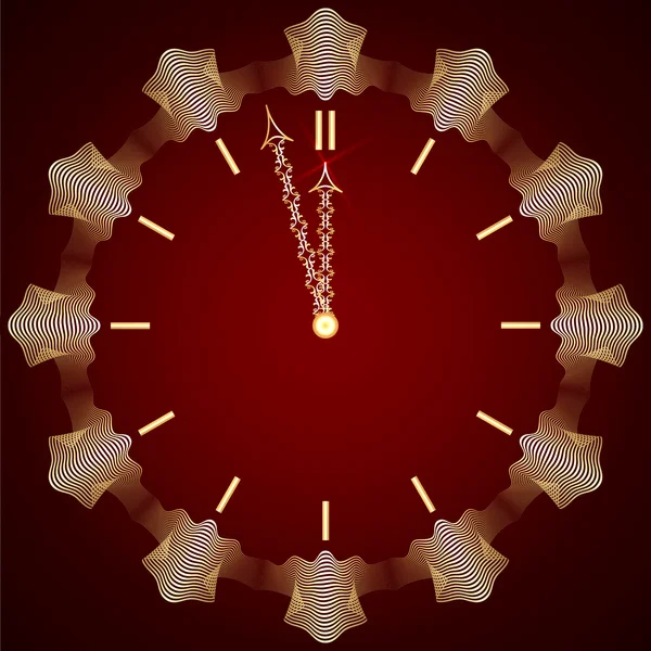 Vektor abstrakt nyår gyllene klocka på mörk röd bakgrund — Stock vektor