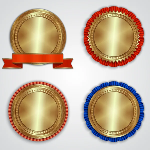 Vector set ronde gouden badge etiketten met linten en plaats voor tekst — Stockvector