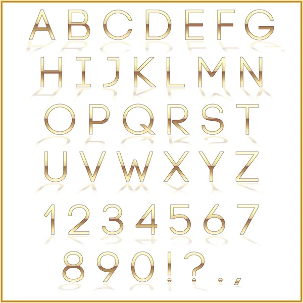 Vector golden alphabet letters with reflection on white background — Stock Vector