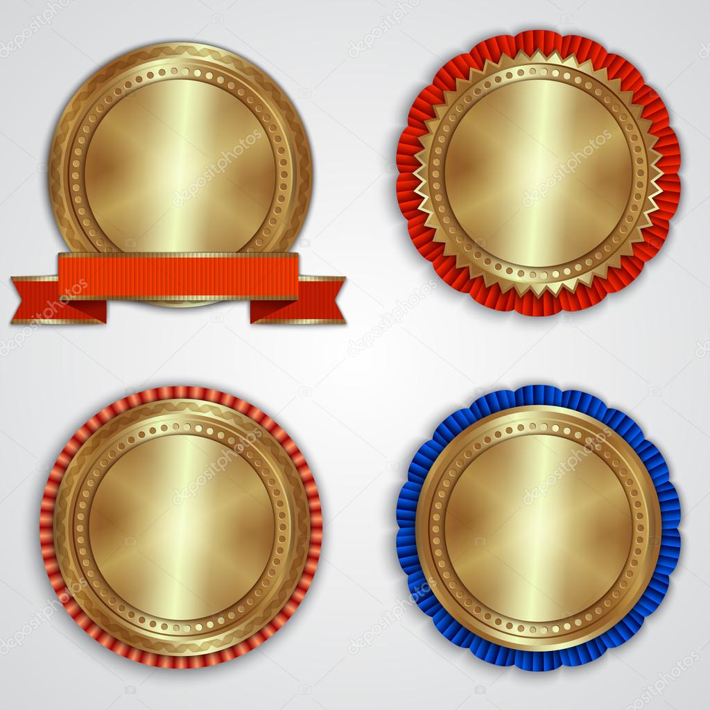 Vector set of round golden badge labels with ribbons and place for text