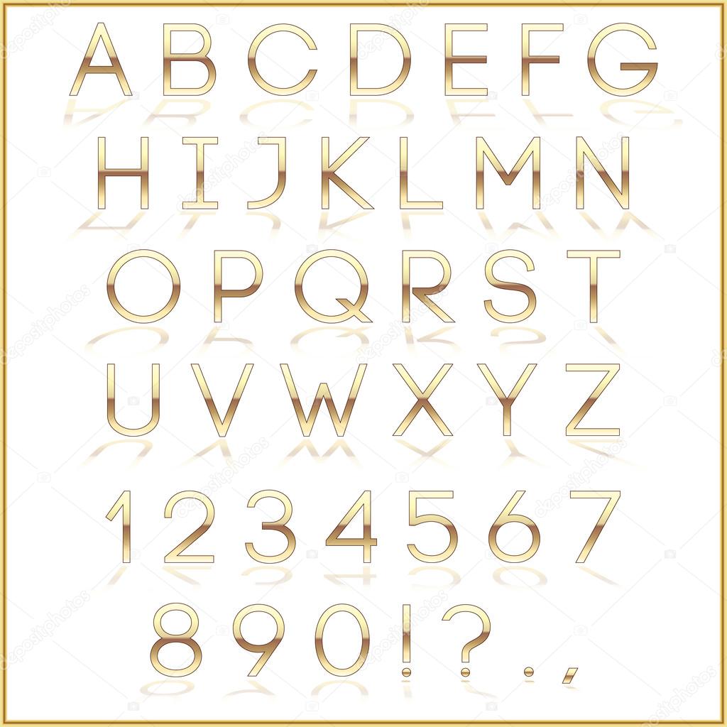 Vector golden alphabet letters with reflection on white background
