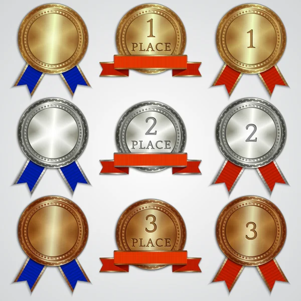 Birinci, ikinci, üçüncü için kurdela ile metal rozetler kümesi vektör