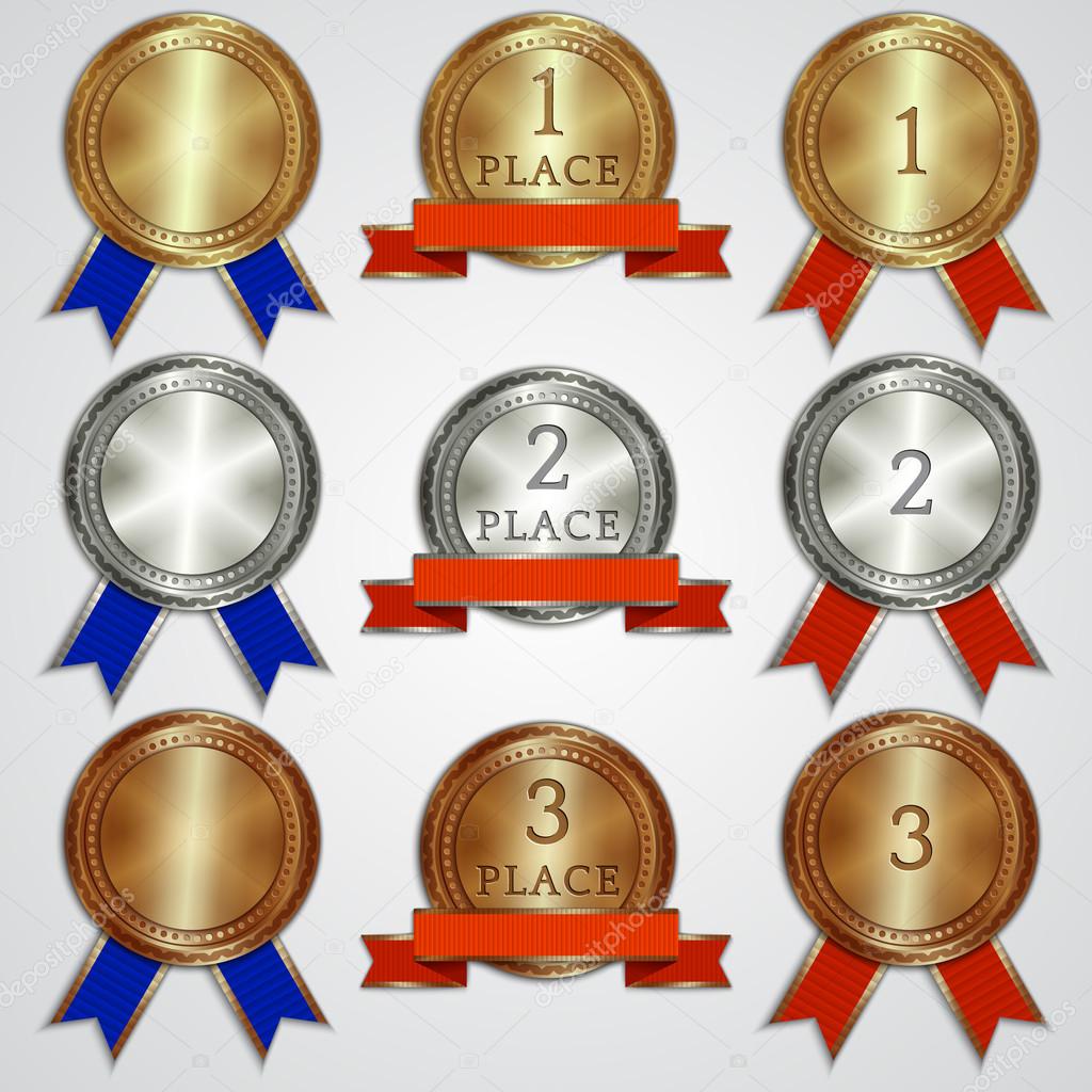 Vector set of metallic badges with ribbons  for the first, second, third place