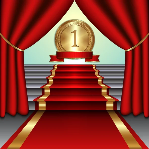 Perdeler, vektör soyut illüstrasyon kırmızı halıda altın madalya ve kurdele ile merdiven
