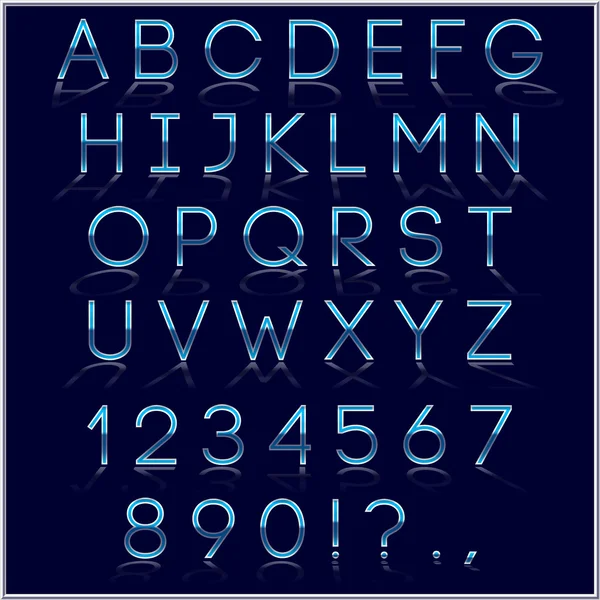 Letra de alfabeto azul vectorial, dígitos y signos de puntuación con reflexión sobre fondo oscuro — Vector de stock
