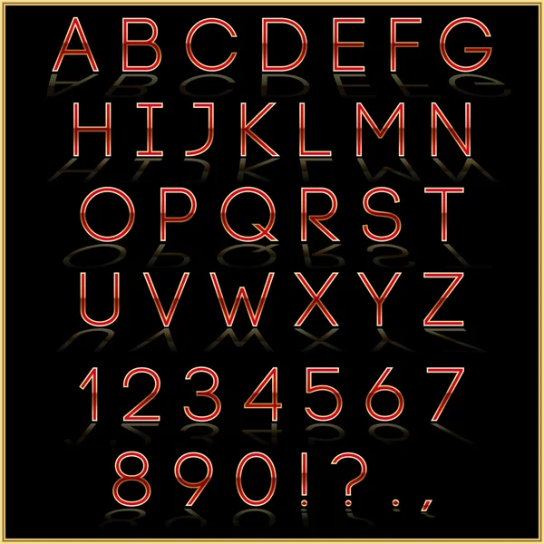 Letra del alfabeto rojo vectorial, dígitos y signos de puntuación con reflexión sobre fondo oscuro — Archivo Imágenes Vectoriales