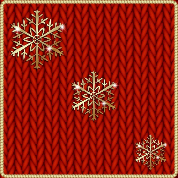 Vector abstract knitted red background with yellow snowflake embroidery — Stock Vector