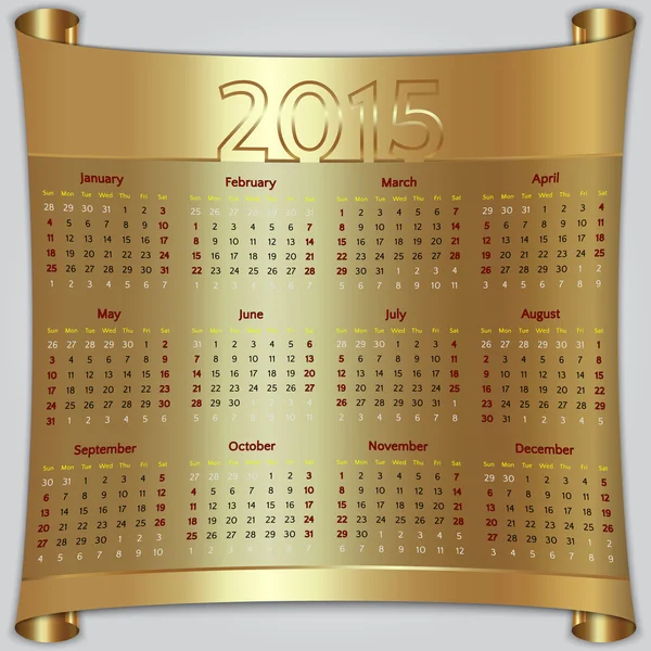 Calendar 2015 vector Sunday first american week 12 months golden metallic — Stock Vector