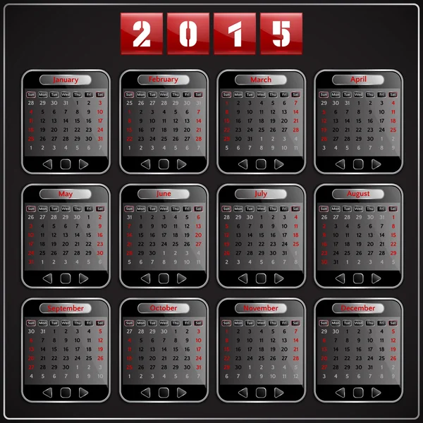 Kalender 2015 Vektorsonntag erste amerikanische Woche 12 Monate Techno-Gadget — Stockvektor