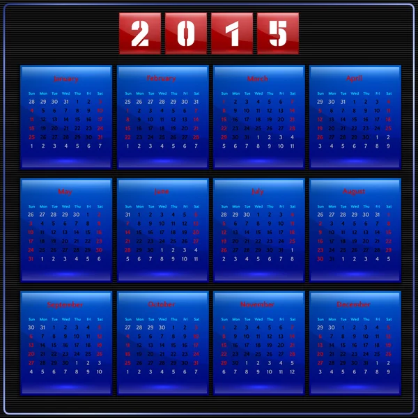 Kalender 2015 Vektorsonntag erste amerikanische Woche 12 Monate blau — Stockvektor