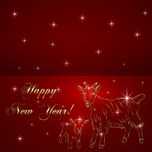 Vector sketch of goat and baby, symbol New Year on red Background — Stock Vector