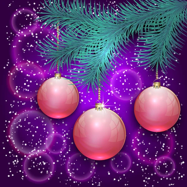 Векторная рождественская иллюстрация с веткой синего дерева и шариками на фоне боке — стоковый вектор
