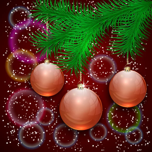 Ilustración de navidad vectorial con rama de árbol y bolas sobre fondo bokeh — Vector de stock