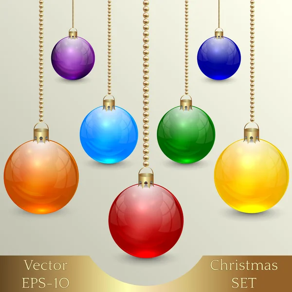 Vector set of Christmas glass balls  on gold chains — Stock Vector