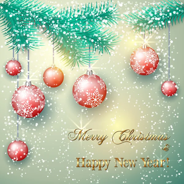 Illustration vectorielle de Noël avec branche d'arbre et boules sur fond de neige — Image vectorielle