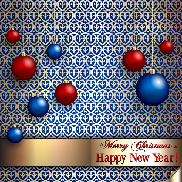 Vector christmas greeting card with  balls on pattern background — Stock Vector