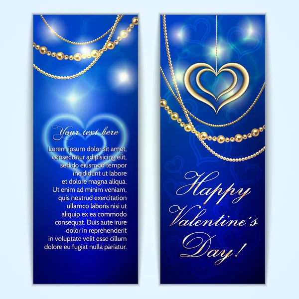 Vector Saint Valentine blue greeting card with hearts and golden jewelry — Stock Vector