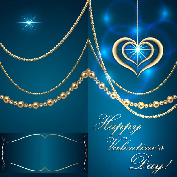 Vector Saint Valentine turquoise  invitation card with hearts and golden jewelry — Stock Vector