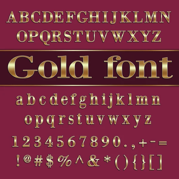 Vektör altın kaplı alfabesinde geçerli olan harfleri ve mor arka planda rakamlar