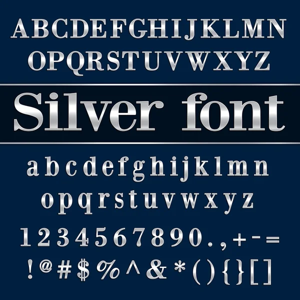 Vector letras y dígitos de alfabeto recubiertos de plata sobre fondo azul Vectores De Stock Sin Royalties Gratis