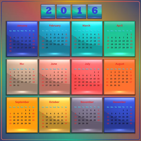 Calendario 2016 vector Domingo primeros 12 meses arco iris en la oscuridad — Vector de stock