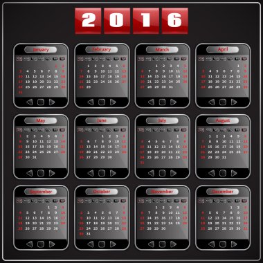 Calendar 2016 vector Sunday first 12 months, techno gadget digital style