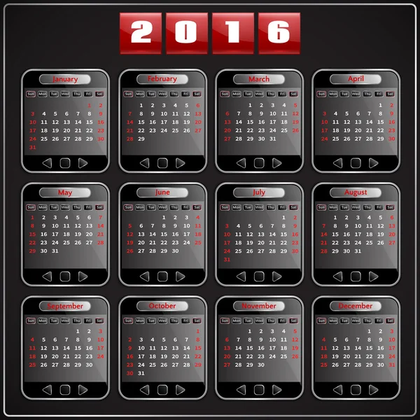 Calendário 2016 vetor domingo primeiro 12 meses, techno gadget estilo digital —  Vetores de Stock