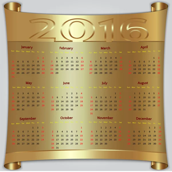 Calendário vetorial para 2016 ano, ouro pergaminho metálico — Vetor de Stock