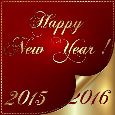 2016 yeni yıl altın ve koyu kırmızı tebrik kıvrılmış köşe ile vektör çizim