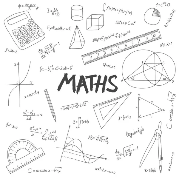 Contesto Astratto Matematico Formule Strumenti Misura Disegnati Stile Doodle Fondo — Vettoriale Stock