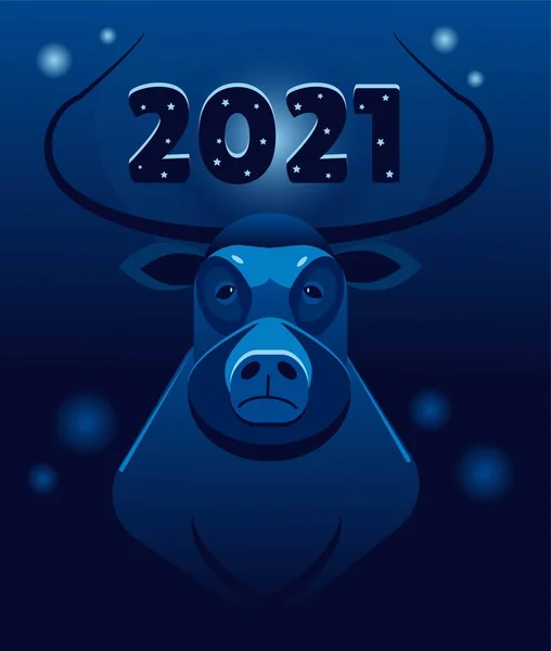 Image Bull Head Blue Background Inscription 2021 Year Bull — Stock Vector