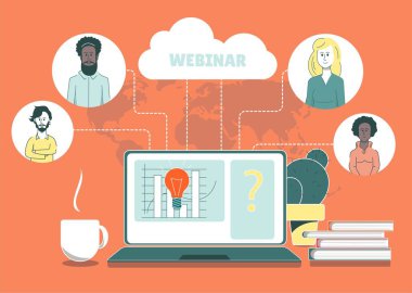 Çizim çevrimiçi webinarı sembolize ediyor. Dünyanın farklı yerlerinden insanlar için çevrimiçi eğitim.