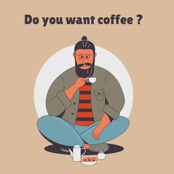 Hipster Man Drinking Coffee While Sitting Floor Resting Home Vector Graphics