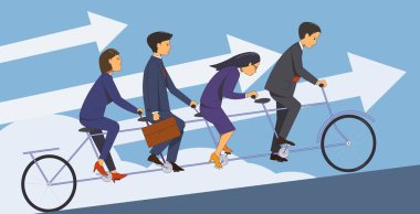 Bisikletli bir iş adamı ekibi hızla yokuş yukarı gidiyor. Takım çalışmasının sembolü..